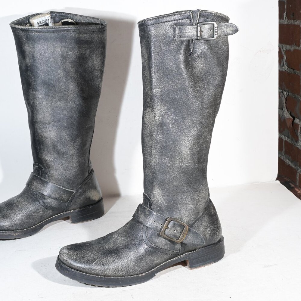 Frye Veronica Slouch Tall Moto Boots in Black Distressed - 8.5